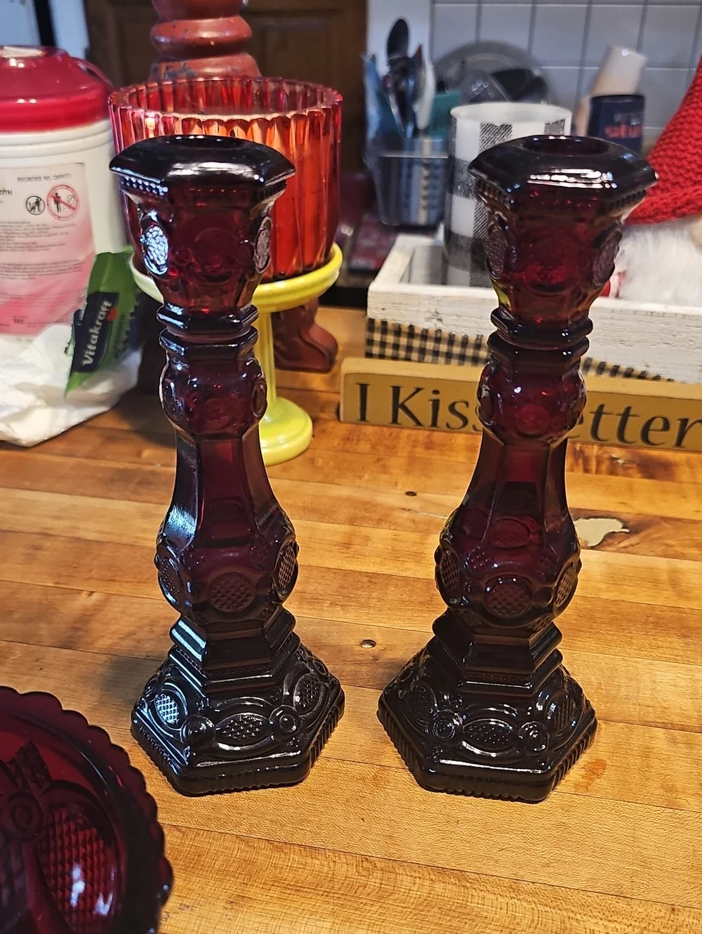 Ruby Red Pressed Glass Candy Dish with Matching Candle Holders Avon Cape Cod